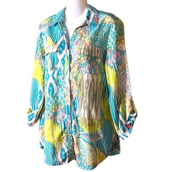 NWOT Chico's Multi Color Paisley Button Down Collared Shirt 3/4 Sleeve Cotton - Picture 3 of 11